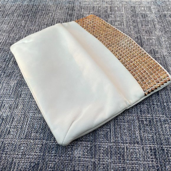 GINA Women Clutch Purse Bag White Leather Gold Tone Stud Wallet Made in Italy